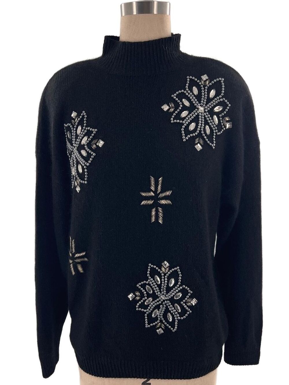 Vintage Victoria Jones Beaded Rhinestone Silk Angora Knit Sweater Black Sz M